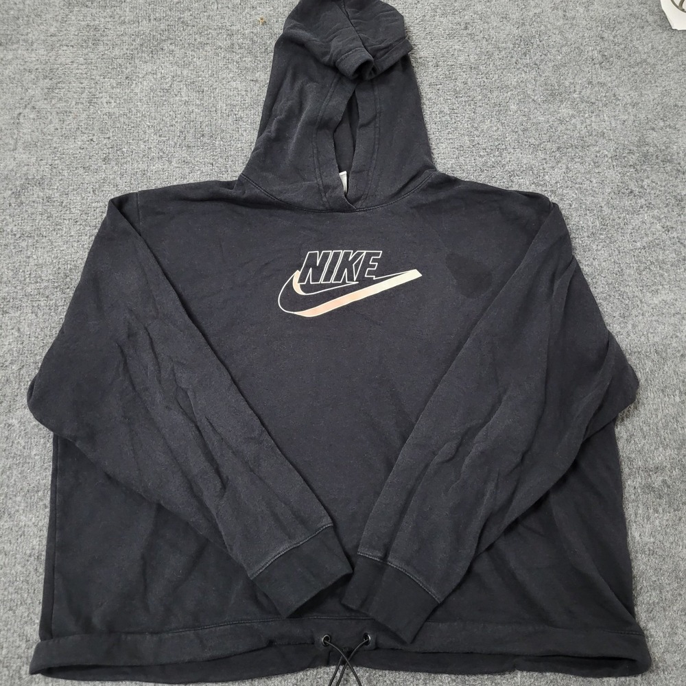 Nike Hoodie Womens XL Black Viscose Blend Rose Gold Logo Drawstring Hem Relaxed